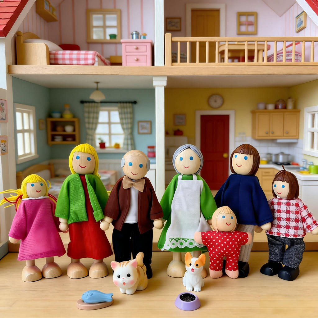 12 Pieces Wooden Dollhouse Family Set with Dog Cat Figures Z5857