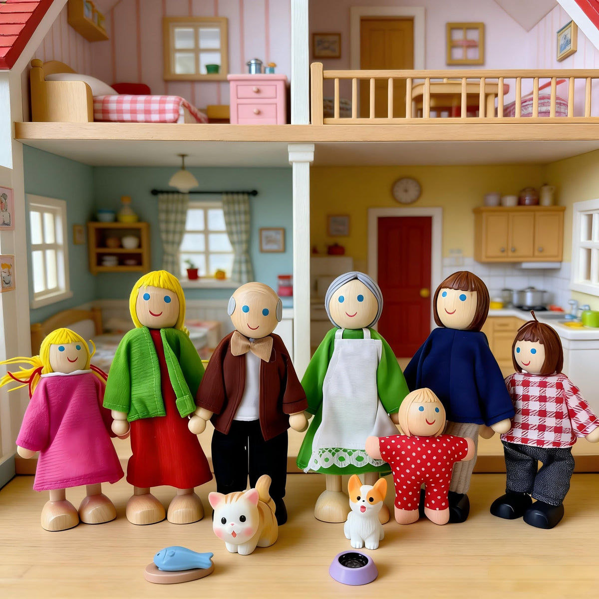 12 Pieces Wooden Dollhouse Family Set with Dog Cat Figures Z5857