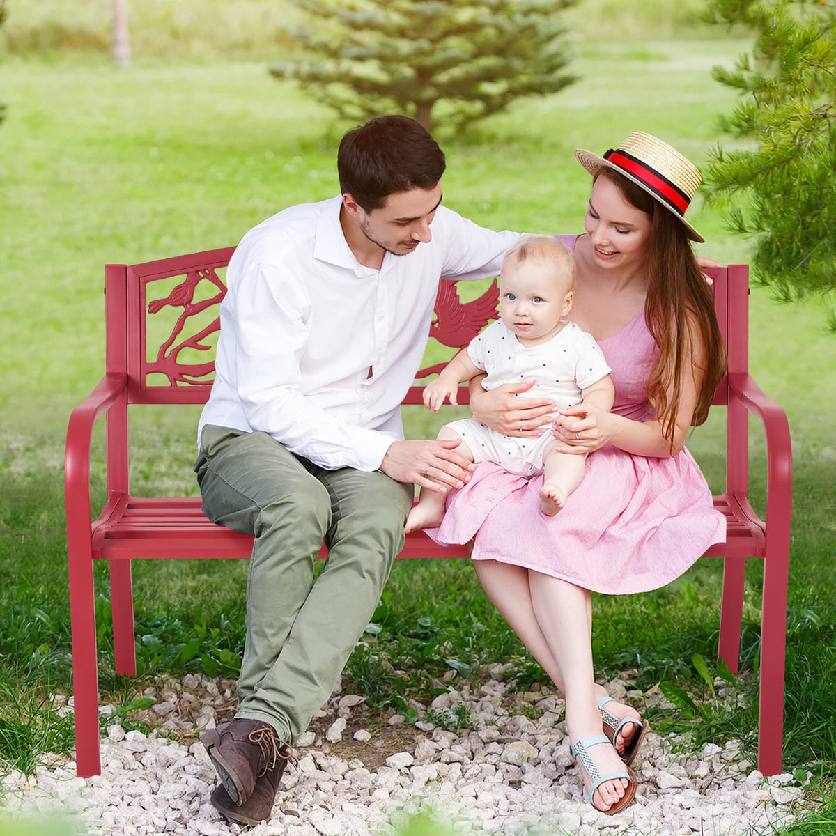 Metal Outdoor Garden Bench with Bird & Twig Back Pattern, Seats 2-3 Persons M160