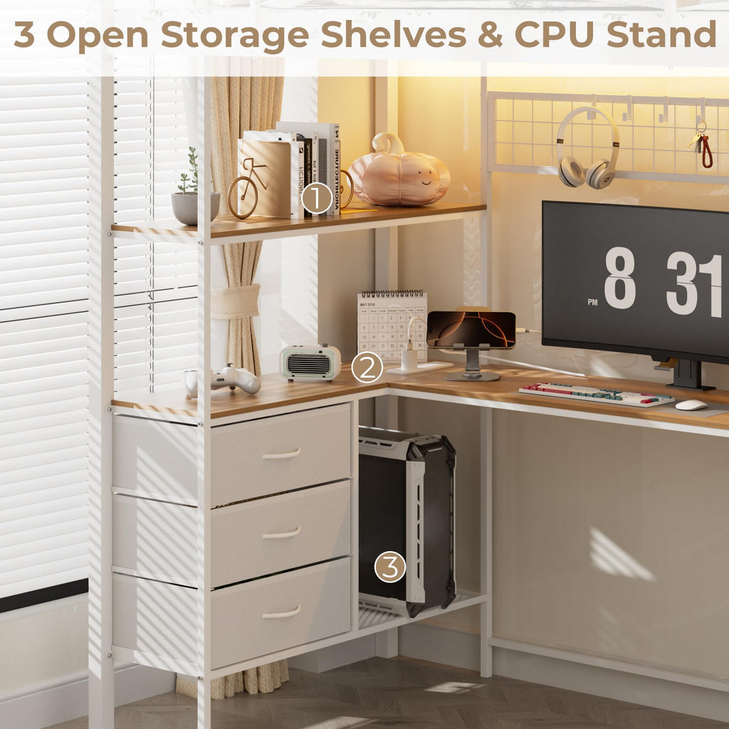 White Twin Size Metal Loft Bed with L-Shaped Desk and 8 Storage Drawers M16574