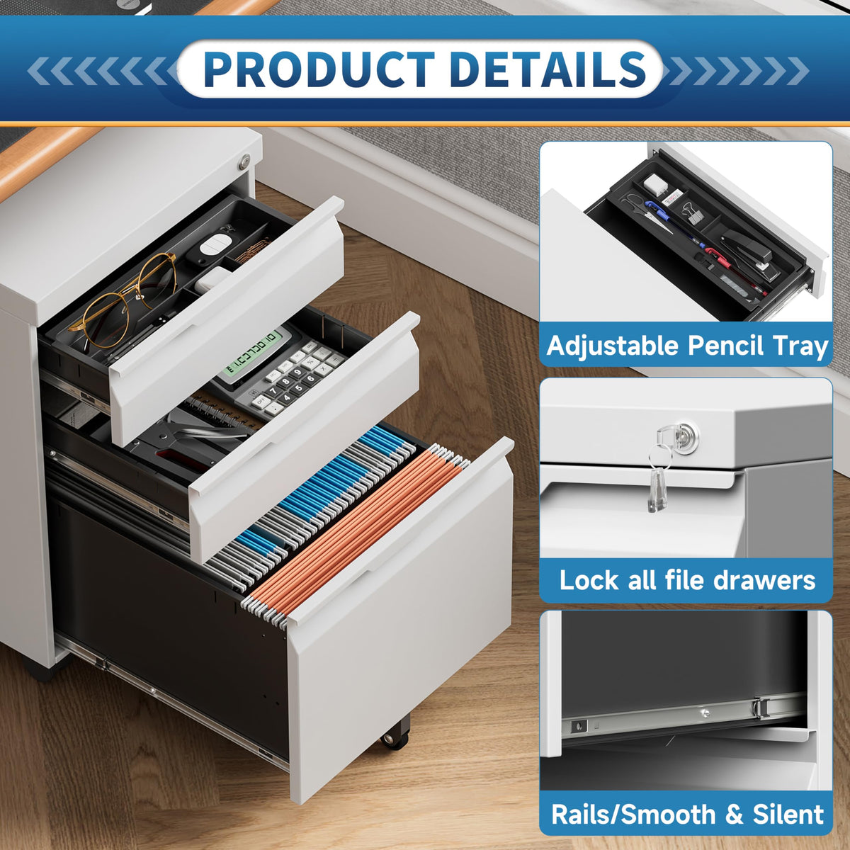 3 Drawer White Metal Mobile File Cabinet E227
