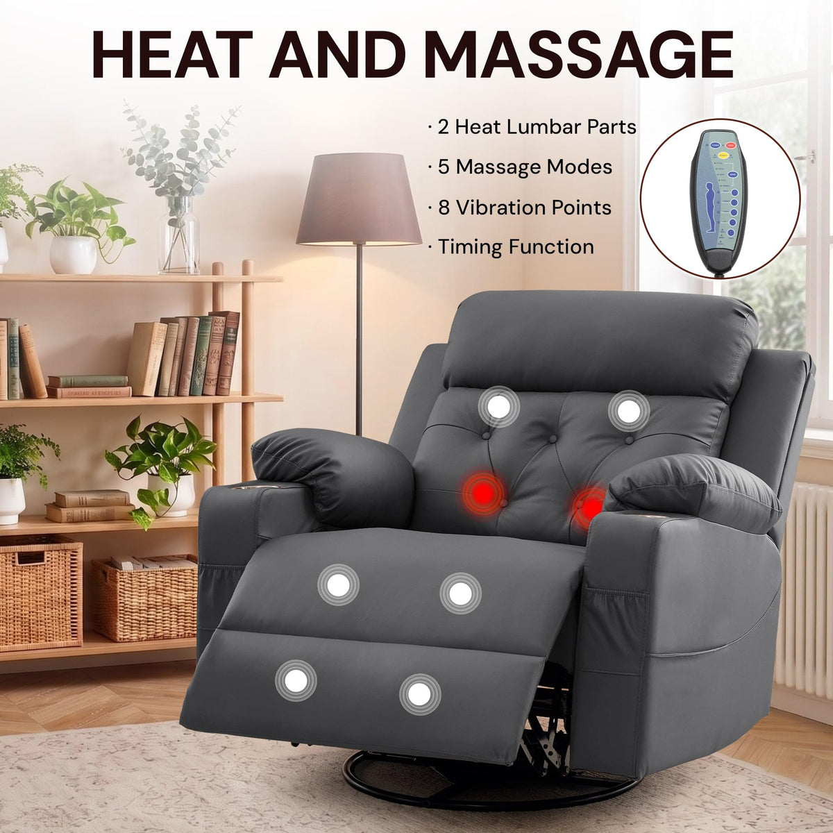 Oversized Swivel Rocker Recliner with Heat and Massage, Faux Leather, Grey W86566