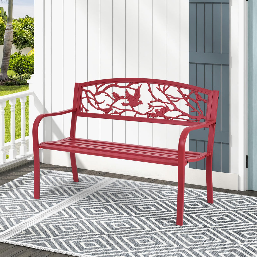 Metal Outdoor Garden Bench with Bird & Twig Back Pattern, Seats 2-3 Persons M160