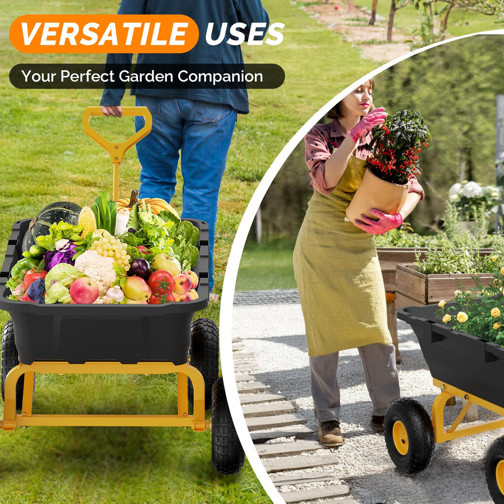 Heavy Duty Dump Cart Wagon, 770LBS Poly Wheelbarrow, 10in All-Terrain Pneumatic Tires H4604
