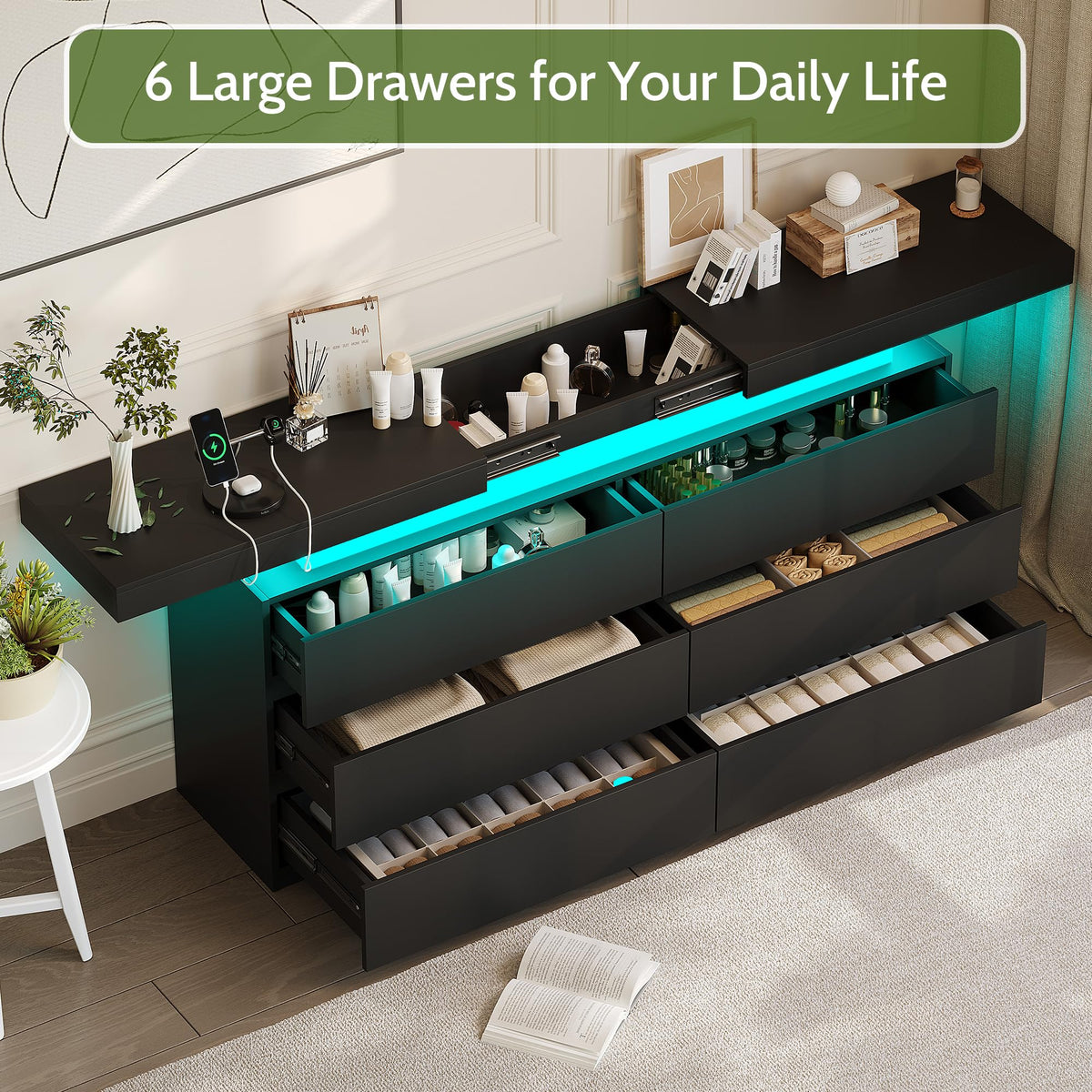 Black 6 Drawer Dresser with Sliding Desktop X715
