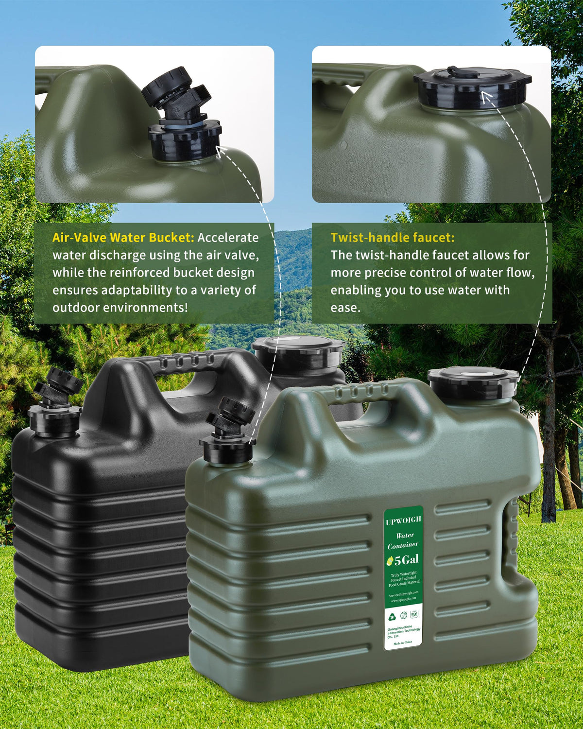5 Gallon Camping Water Jug with Spigot, Military Green, 2 Pack V71652