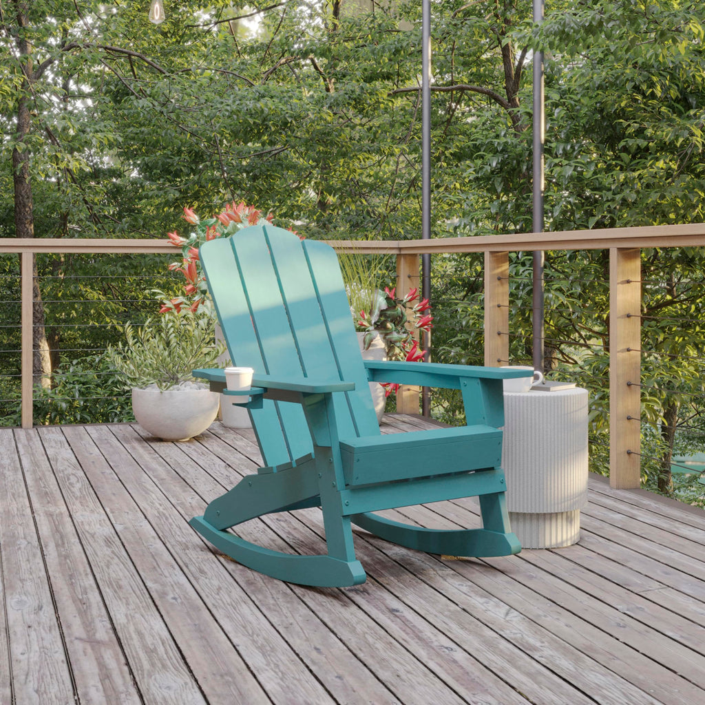 Blue HDPE Adirondack Rocking Chair with Cup Holder Y318654