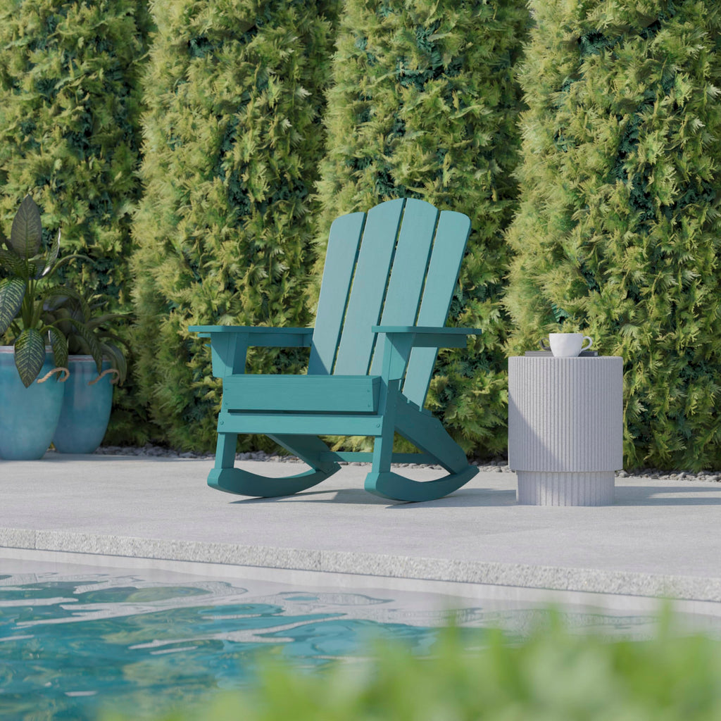 Blue HDPE Adirondack Rocking Chair with Cup Holder Y318654