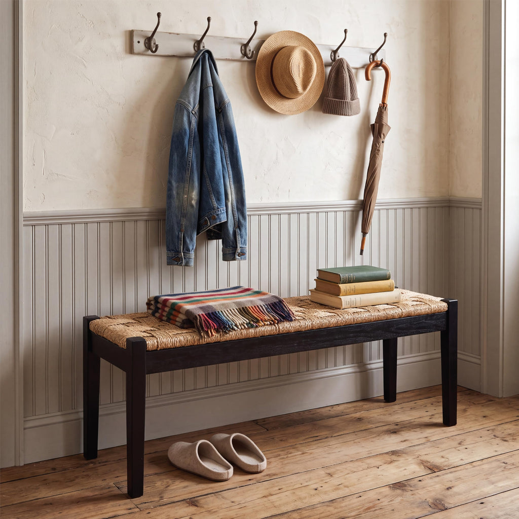 46-Inch Acacia Wood Entryway Bench with Woven Seagrass Seat H15323
