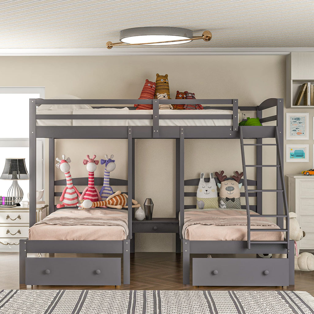 Full Over 2 Twin Wood Triple Bunk Bed with 3 Drawers and Guardrails Q78554