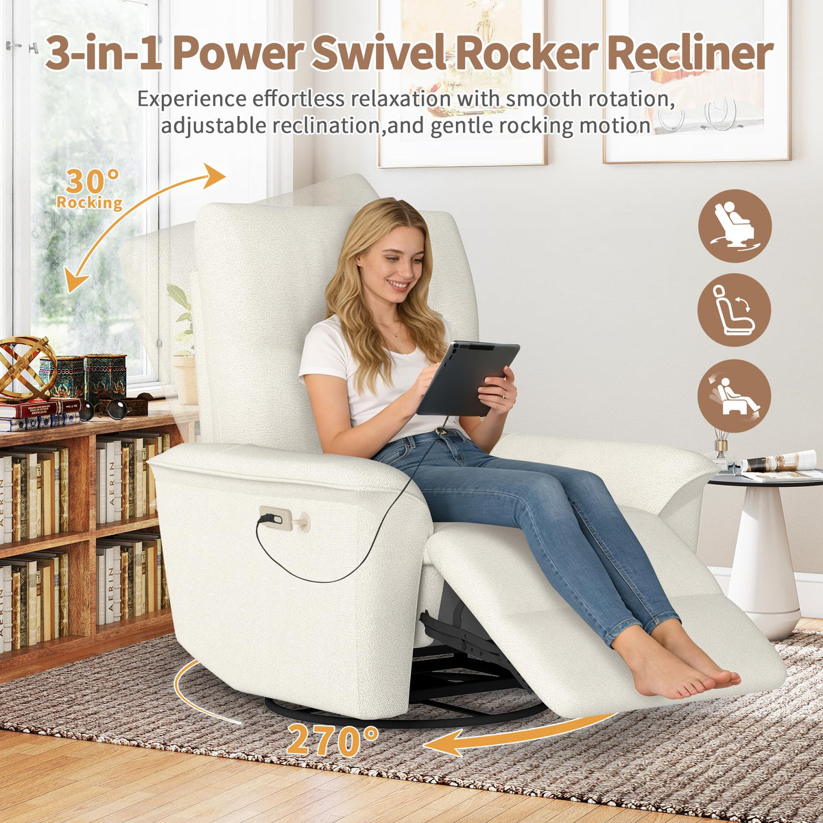 Power Swivel Rocker Recliner Chair with Phone Holder and USB Ports O9427