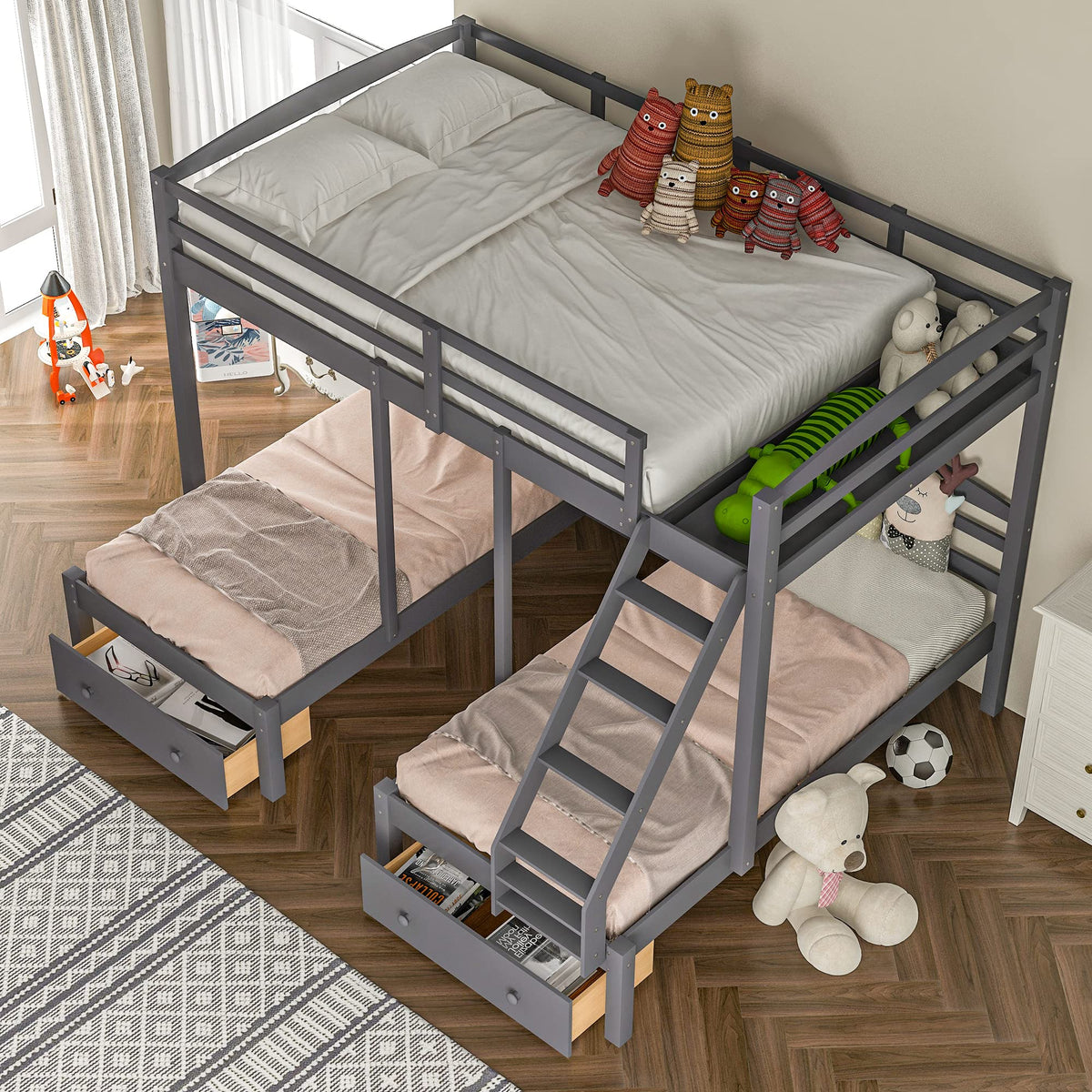 Full Over 2 Twin Wood Triple Bunk Bed with 3 Drawers and Guardrails Q78554