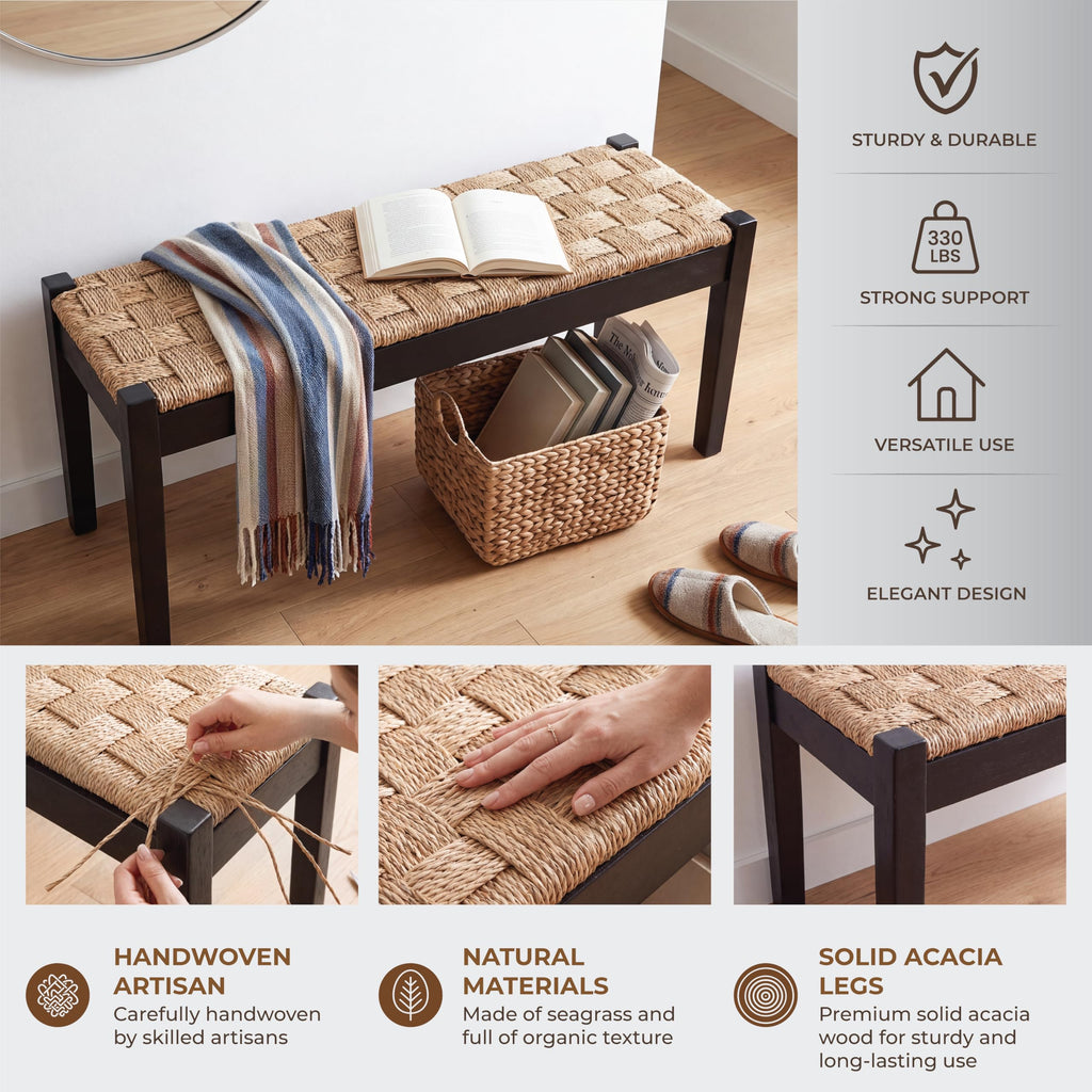 46-Inch Acacia Wood Entryway Bench with Woven Seagrass Seat H15323