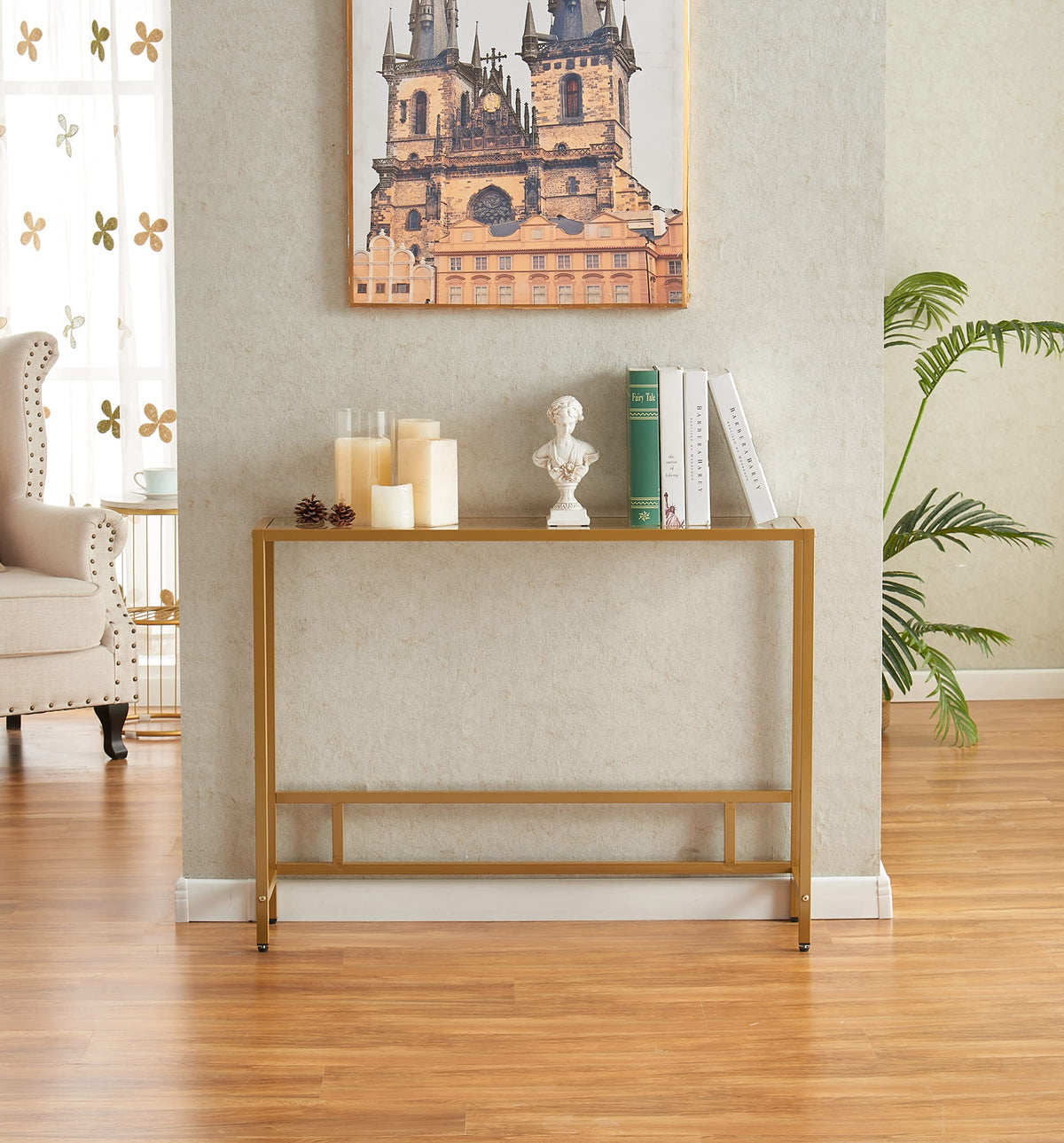 Small Modern Console Table Tempered Glass Metal Frame R2190