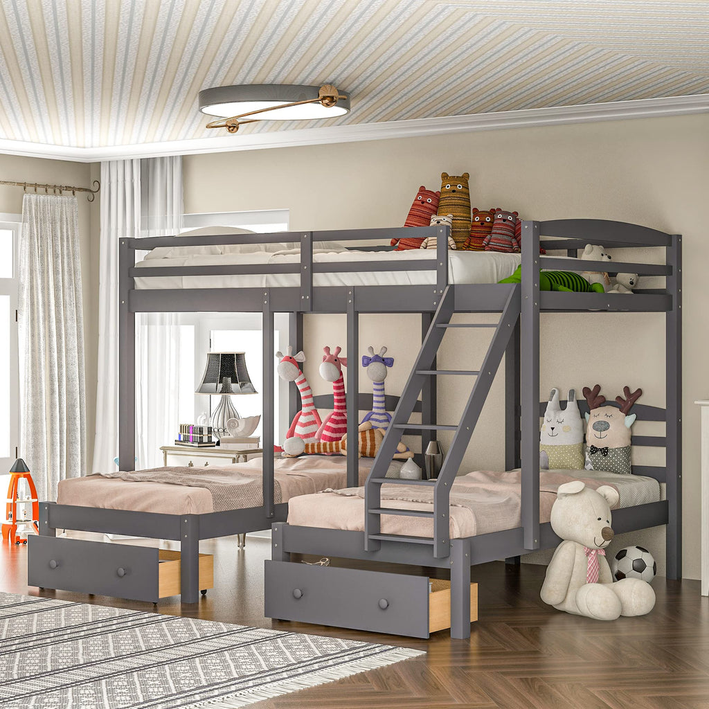 Full Over 2 Twin Wood Triple Bunk Bed with 3 Drawers and Guardrails Q78554
