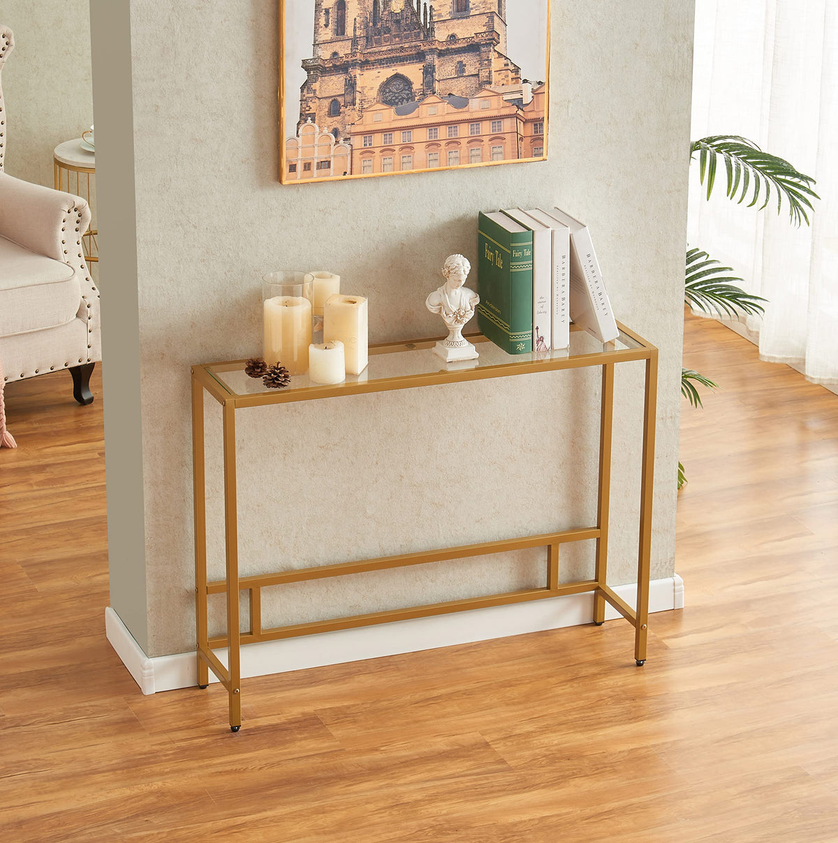 Small Modern Console Table Tempered Glass Metal Frame R2190