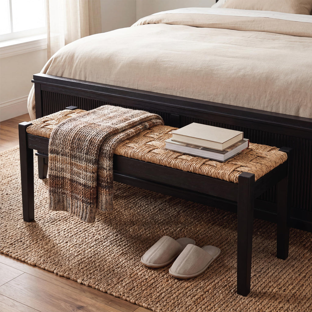 46-Inch Acacia Wood Entryway Bench with Woven Seagrass Seat H15323